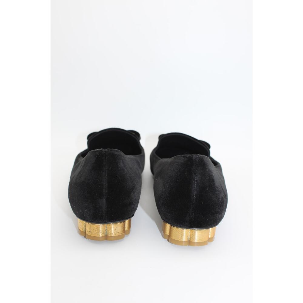 Salvatore Ferragamo Black Velvet Suede Gold Flats Flower Heel Shoes Size 8 - Picture 4 of 13